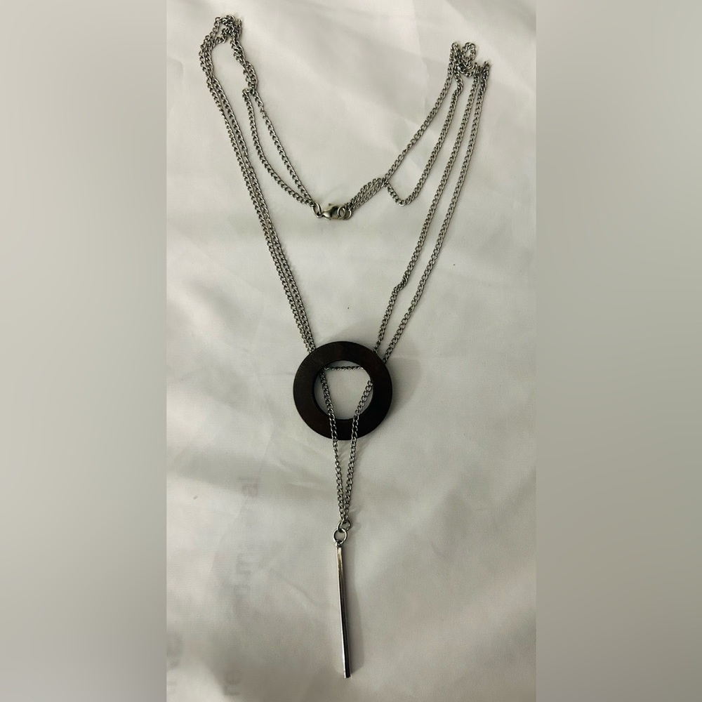 Vintage Infinity “Y” Necklace - Wood Circle With Drop Through Bar In Silver Tone - Picture 3 of 4